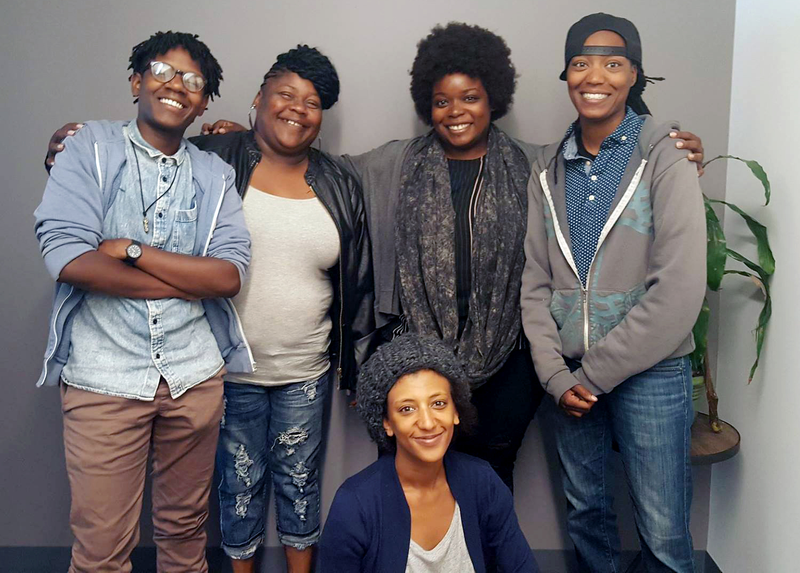 The Hood Incubator, standing: Co-founder and Economic Director Ebele Ifedigbo; organizer Linda Grant; Director of Communications Juell Stewart; co-founder and Political Director Lanese Martin. In front: Co-founder and organizer Biseat Horning.
